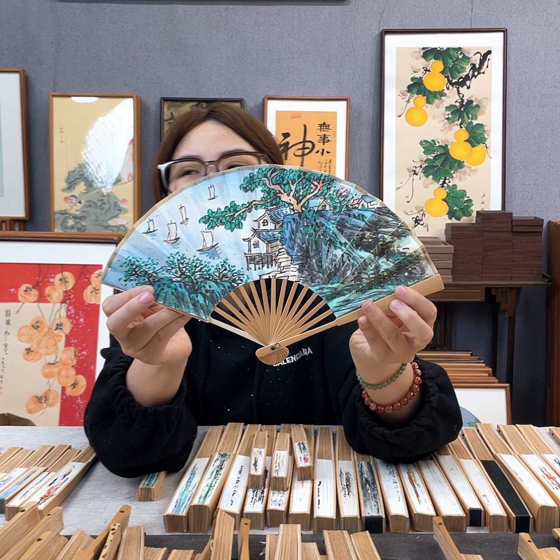 国画6寸玉竹-纯手绘-文玩扇骨（默认粘好）