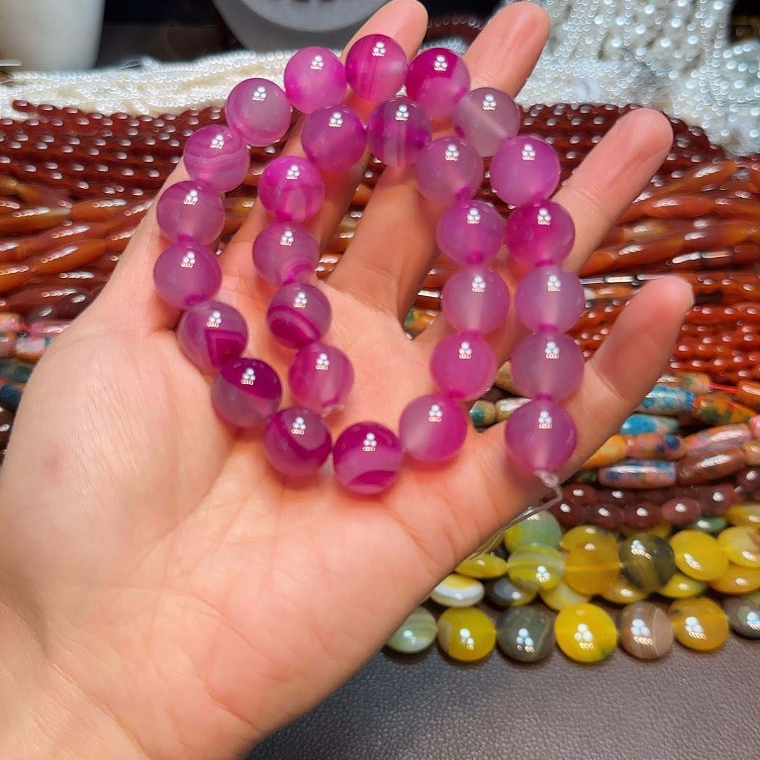 玛瑙/玉髓合金珠宝半成品14mm玫红玛瑙一条