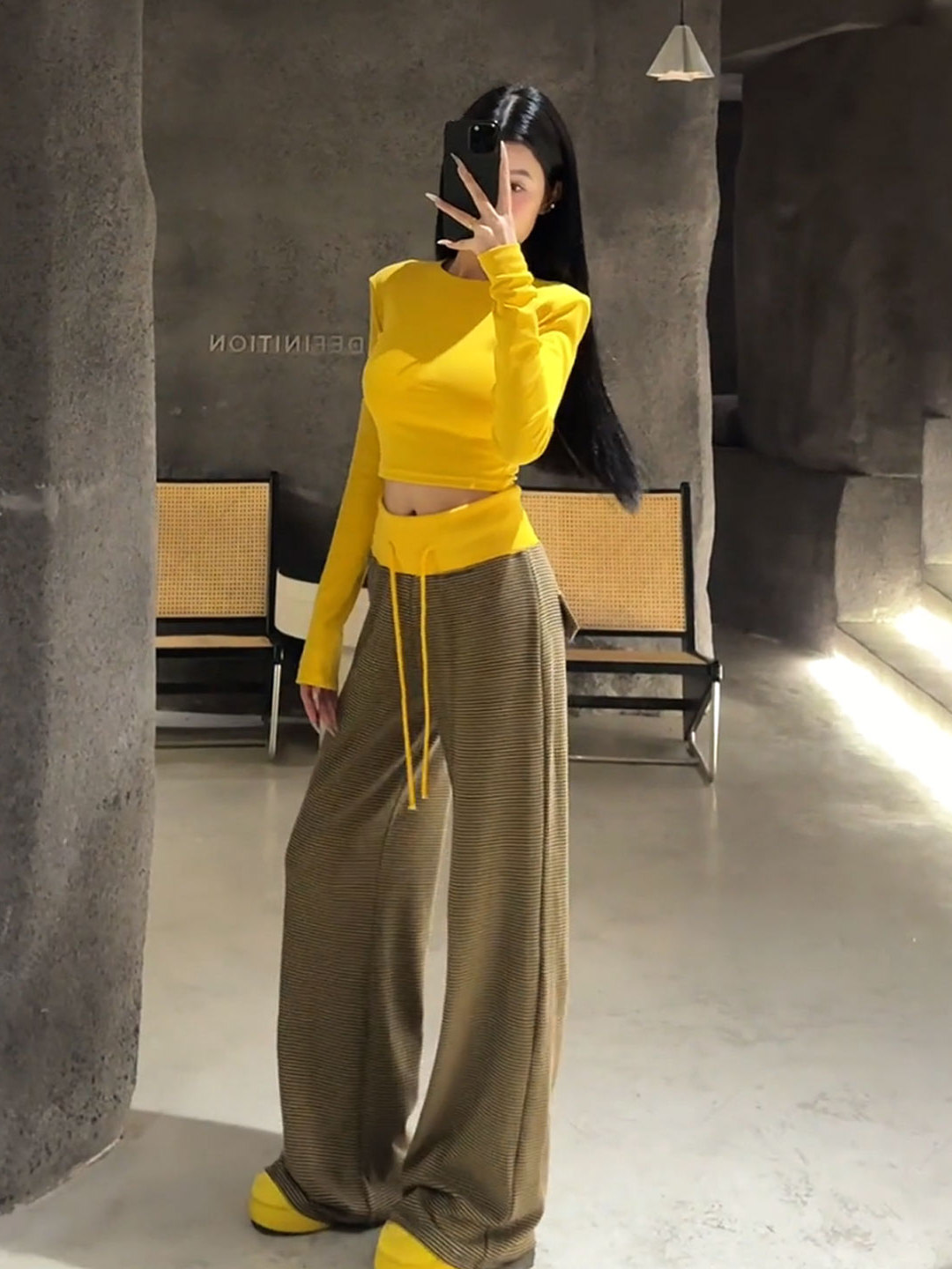 黄色短款长袖t恤条纹阔腿裤套装女辣妹风运动两件套2025早秋女装