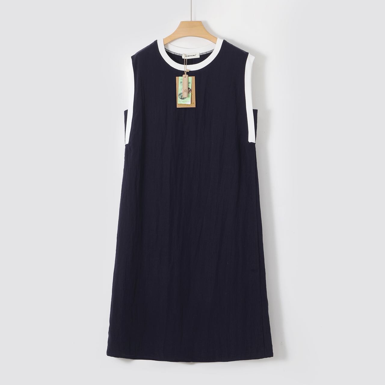 夏季新款撞色拼接天丝亚麻休闲百搭显瘦圆领连衣裙XJ-257-1766