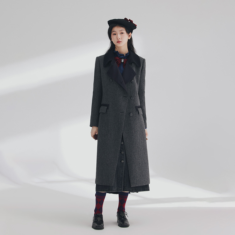 D-HARRY/迪哈利春季新款复古时尚通勤黑灰色大衣DH241F96879D