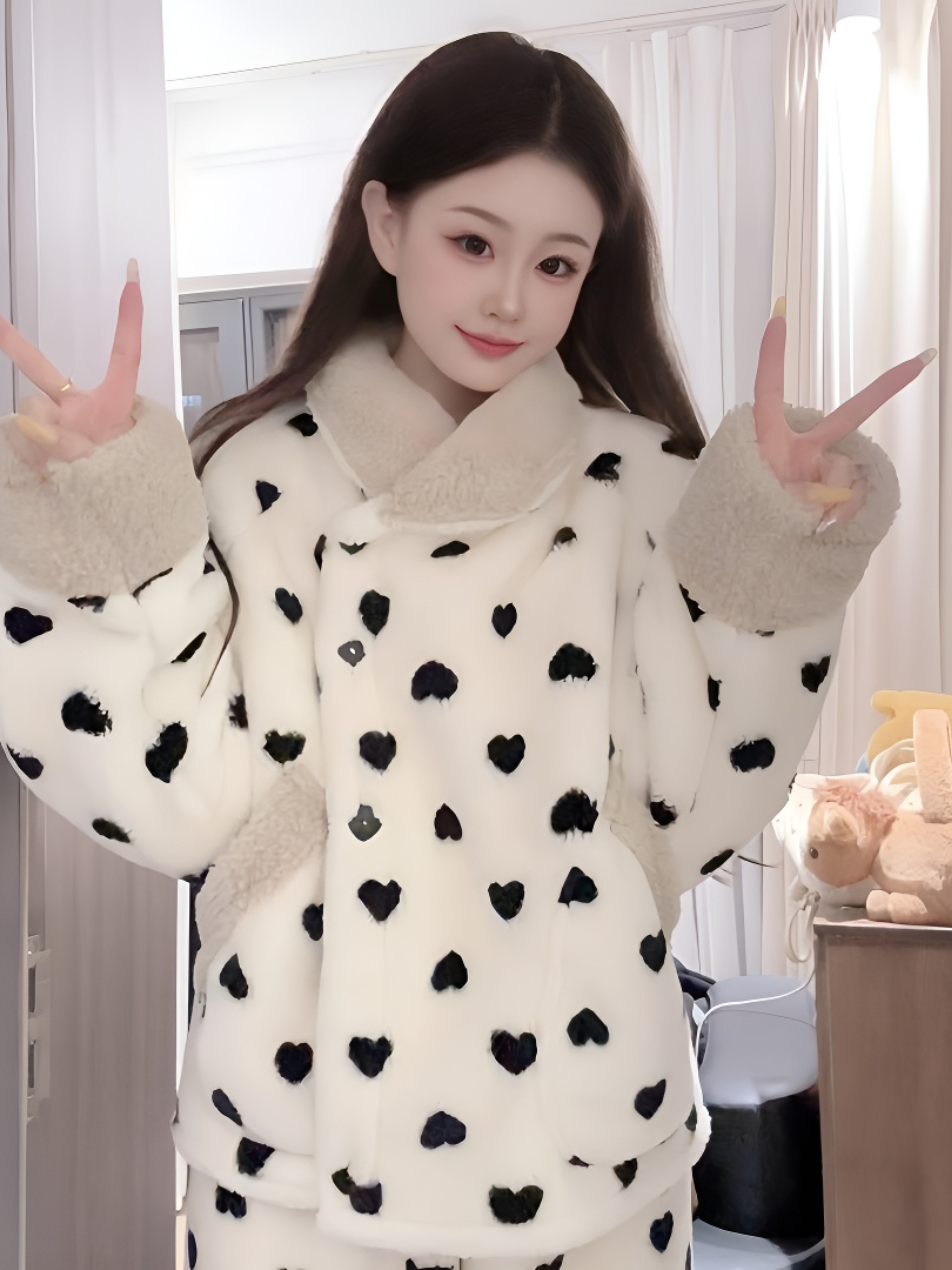 【网红同款】珊瑚绒保暖睡衣女时尚秋冬毛绒绒翻领外套加家居服套装