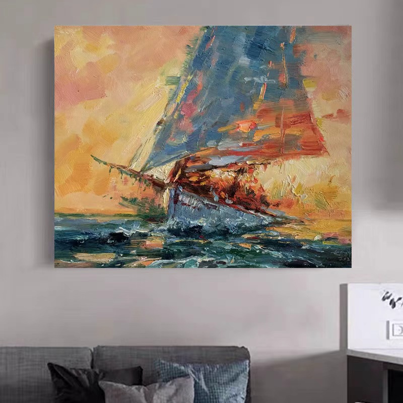 《帆影逐光》50*60含内框，刘春建手绘油画装饰画，客厅背景墙挂画