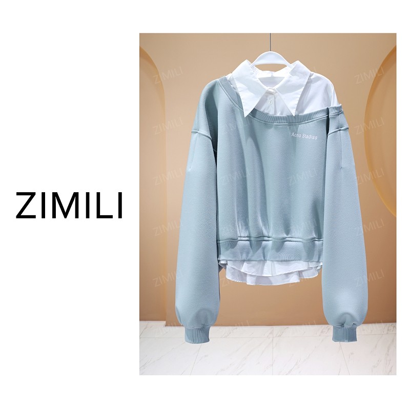 【亮哥女装】2025秋冬《水仙》水兰色拼接衬衫领假两件卫衣6786-K6