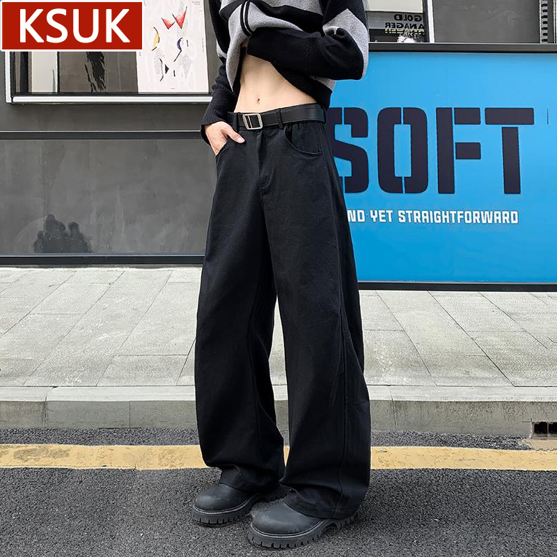 KSUK美式褶皱弯刀裤男大码秋季直筒阔腿休闲裤百搭潮牌拖地长裤子