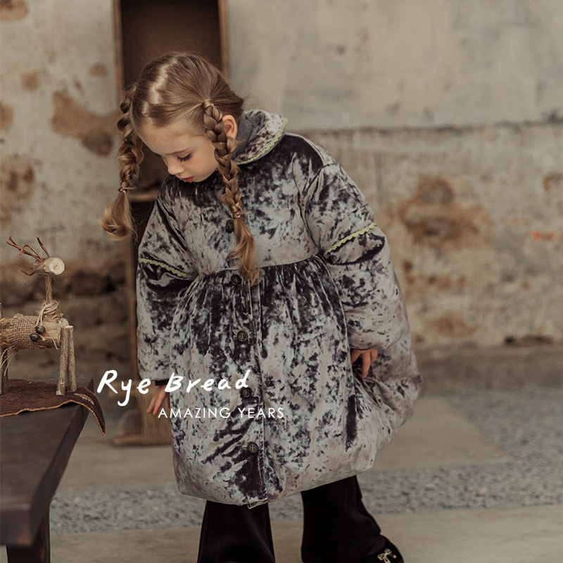 ryebread/黑面包童装 韩系纯色小翻领宽松女小童长款棉服外套4冬
