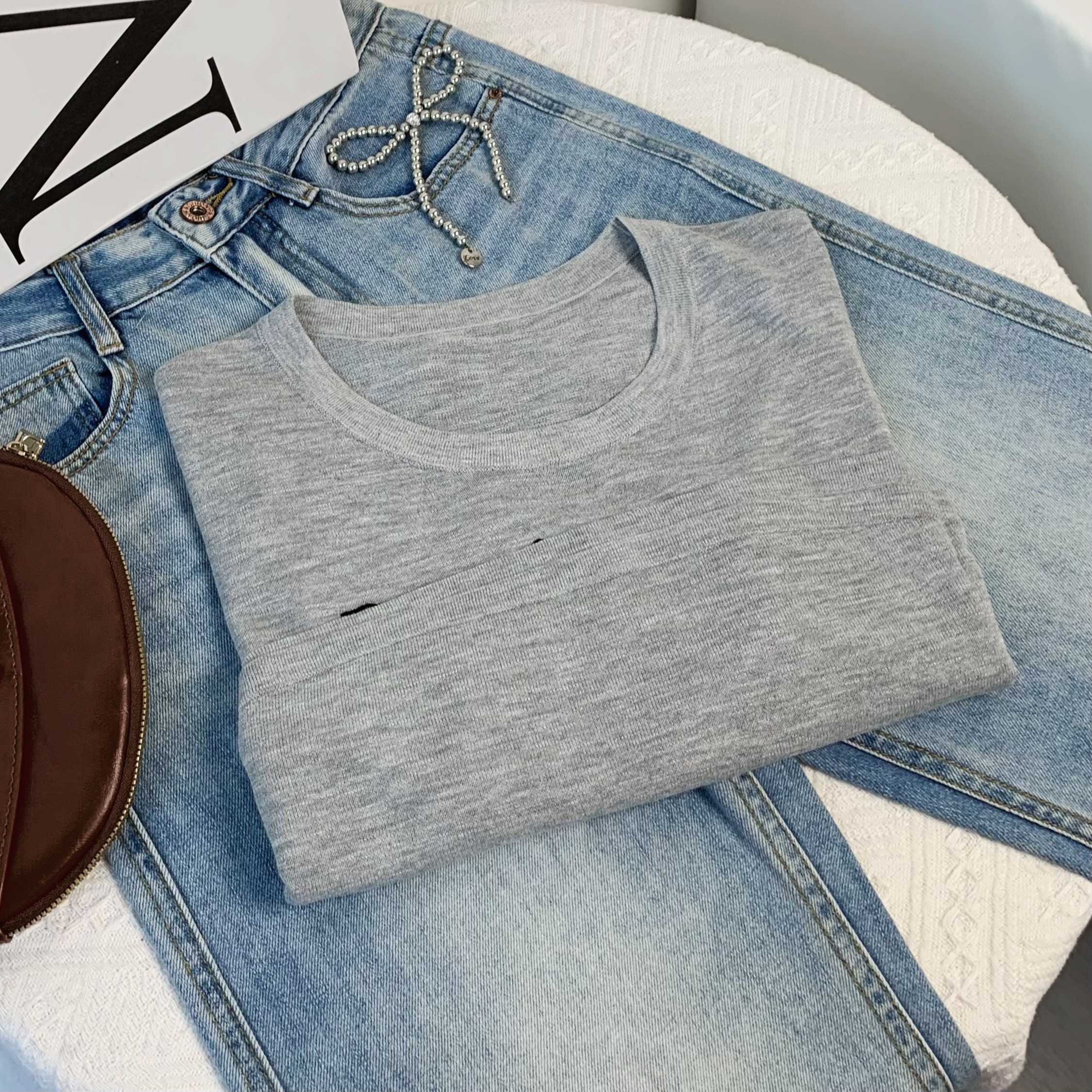 清-汤圆吖神秘灰圆领套头字母辣妹系袋短款款针织短袖162883