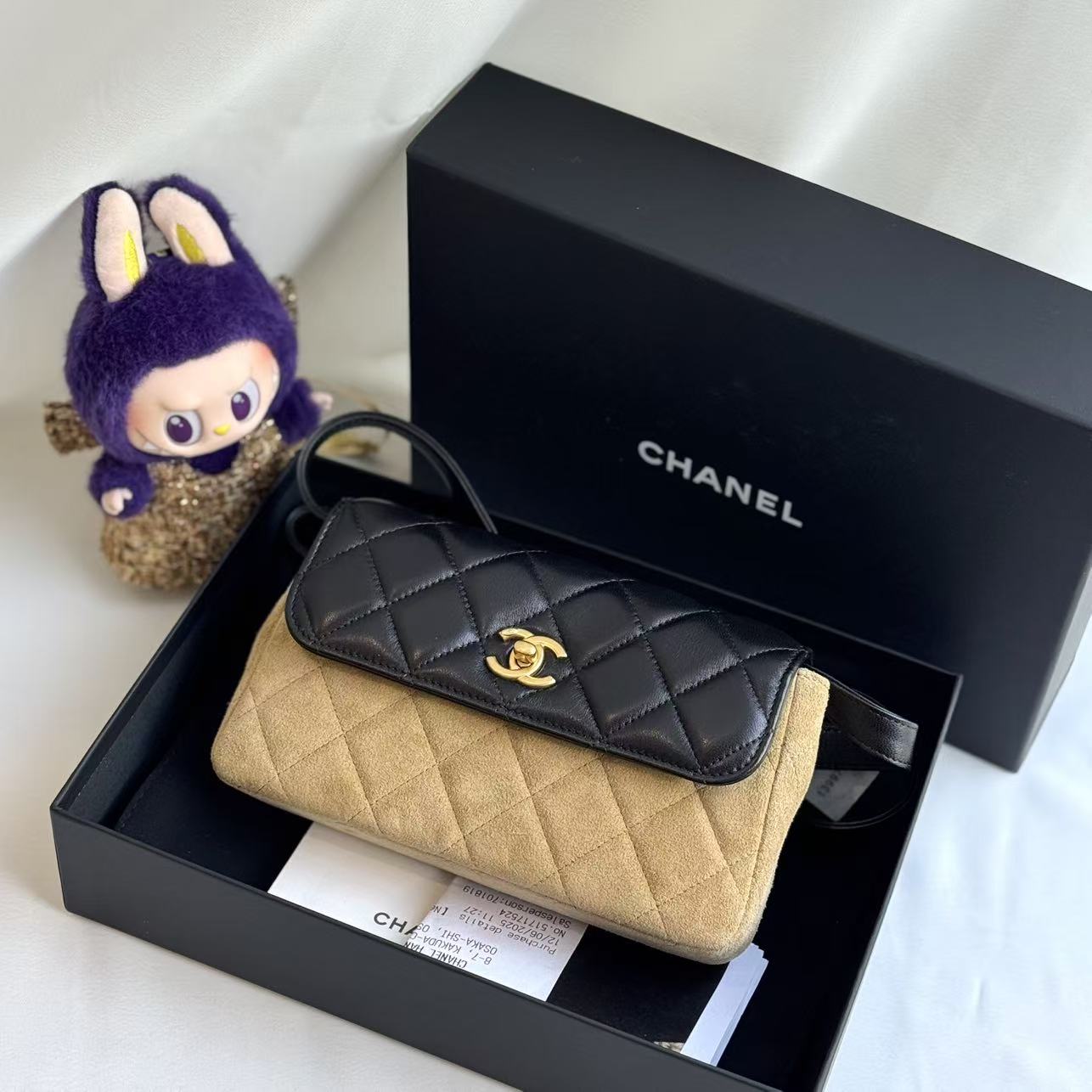 未使用 Chanel/香奈儿 25A黑金拼麂皮单肩包/手机包
