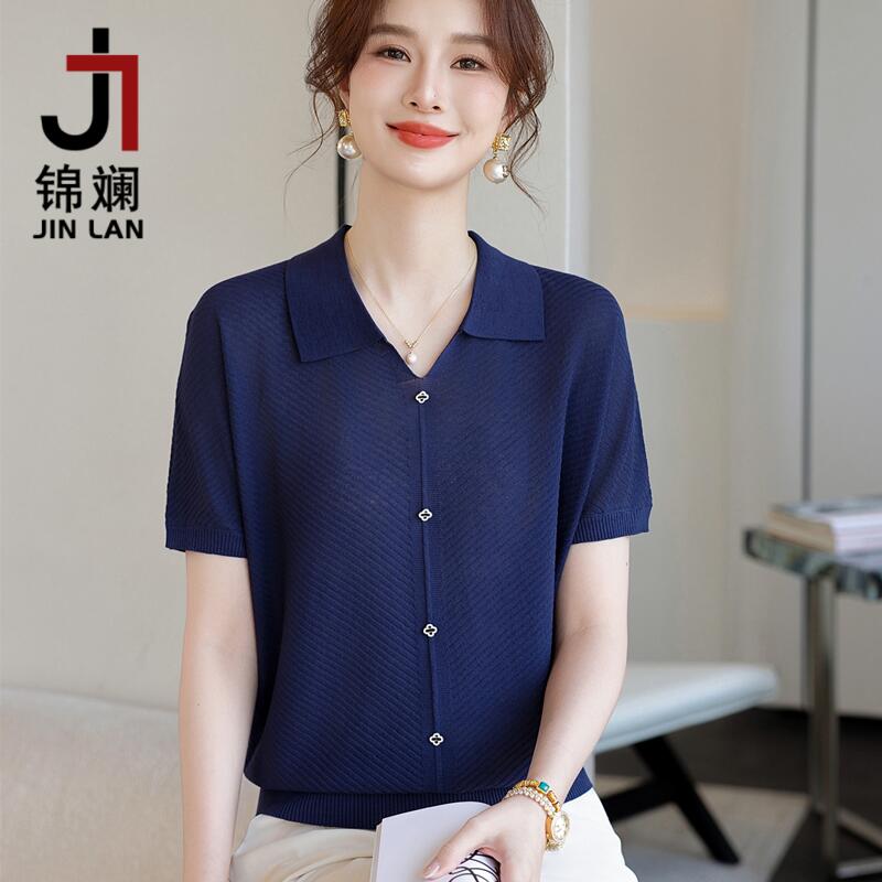 锦斓妈妈气质冰丝短袖上衣洋气翻领夏款薄针织小衫中年女士t恤衫