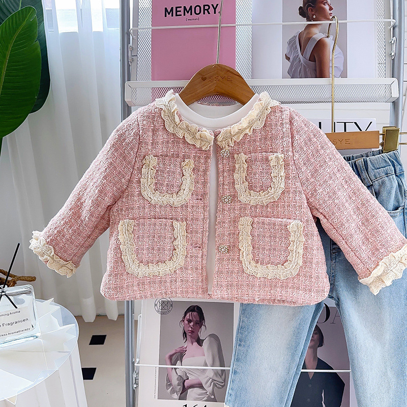 女童小香风荷叶边外套春秋季新款韩版蕾丝花边上衣外套BCA052