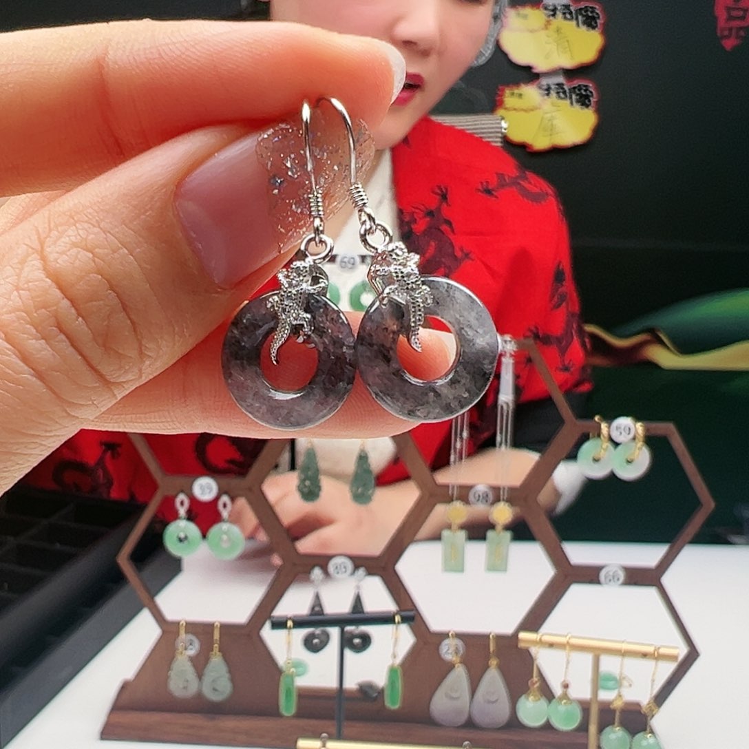 翡翠耳饰银S925镶嵌天然翡翠耳饰银s925镶嵌