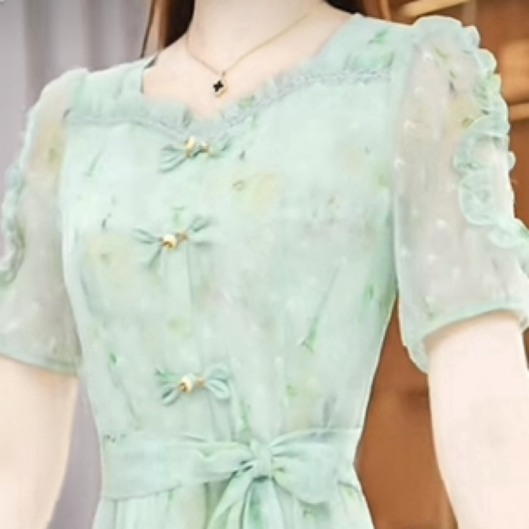 A0554夏季设计感方领花色时尚减龄中长款通勤连衣裙