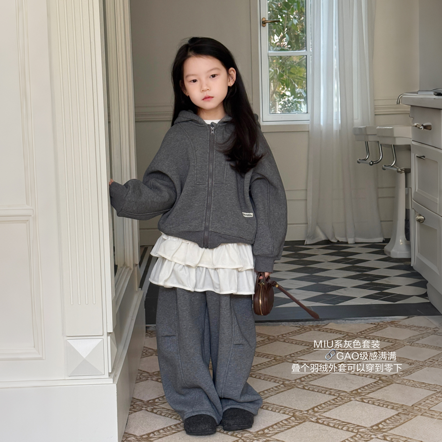SKI2559【亲子】女童两件套加绒连帽卫衣运动裤冬装保暖休闲套装