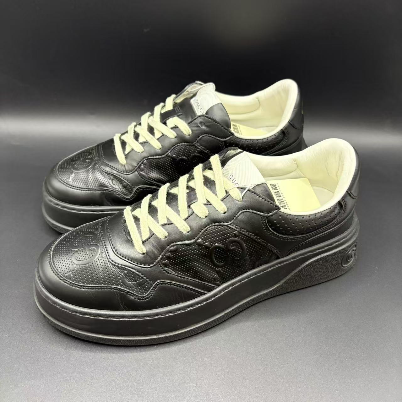 95新 GUCCI/古驰 男士黑色休闲百搭经典厚底饼干鞋 40.5码zy06