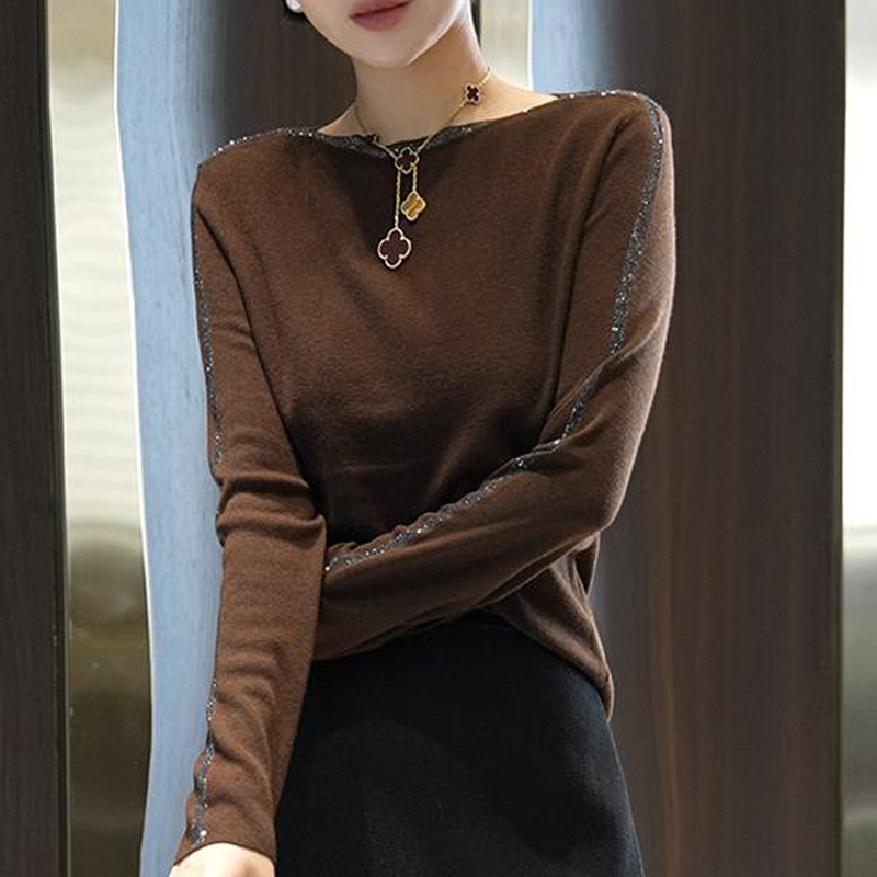 【高端定制】一字领烫钻长袖针织上衣