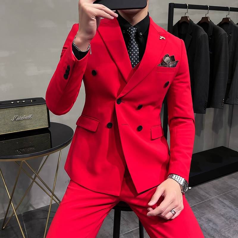 红色西服套装男韩版修身三件套新郎结婚礼服双排扣演出休闲小西装