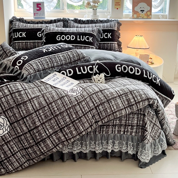 秋冬升级法式加厚牛奶绒床盖被套四件套免打理保暖床裙款床罩品款