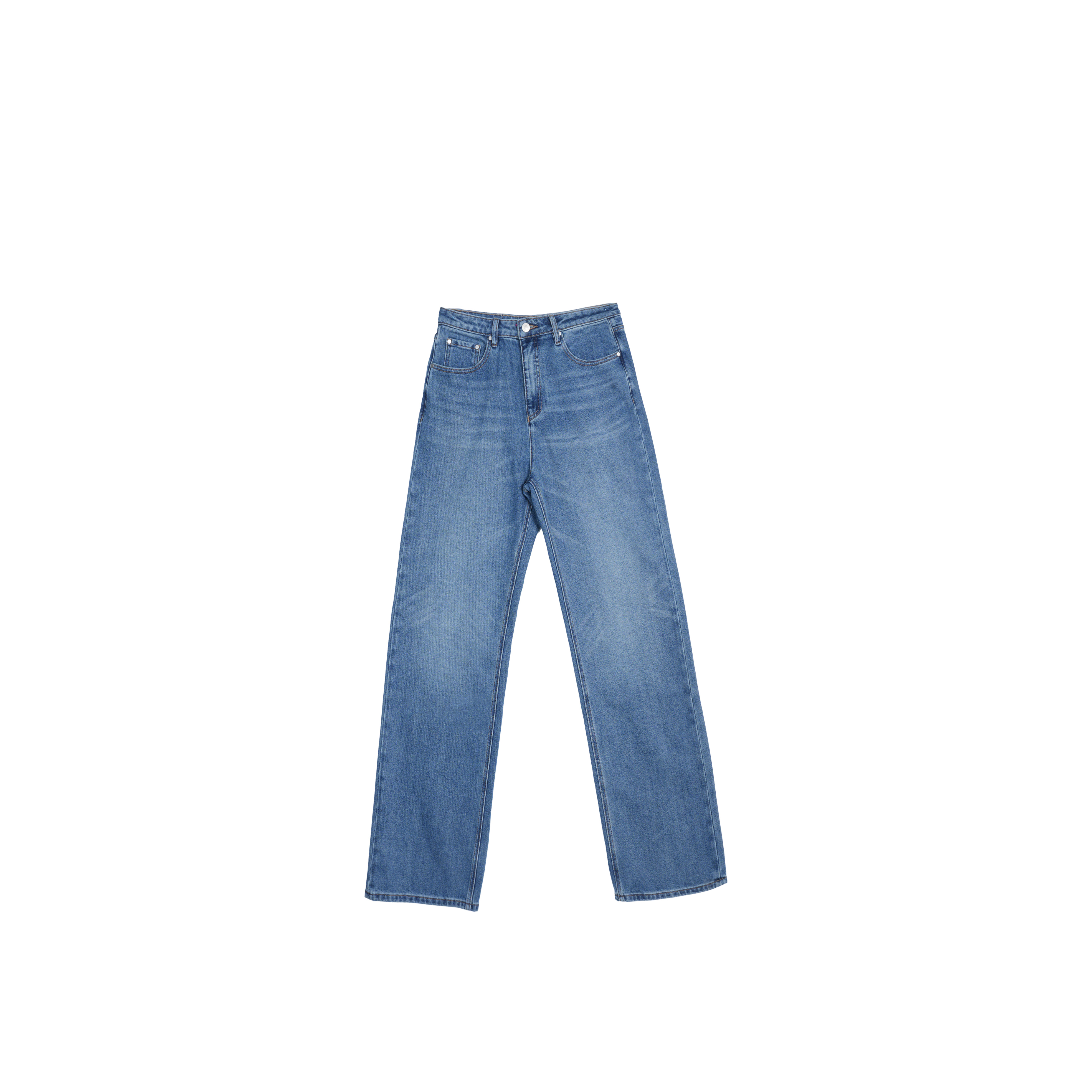 【木兰】百搭经典水洗做旧高腰直筒型牛仔裤宽松蓝色裤子QN5012秋季