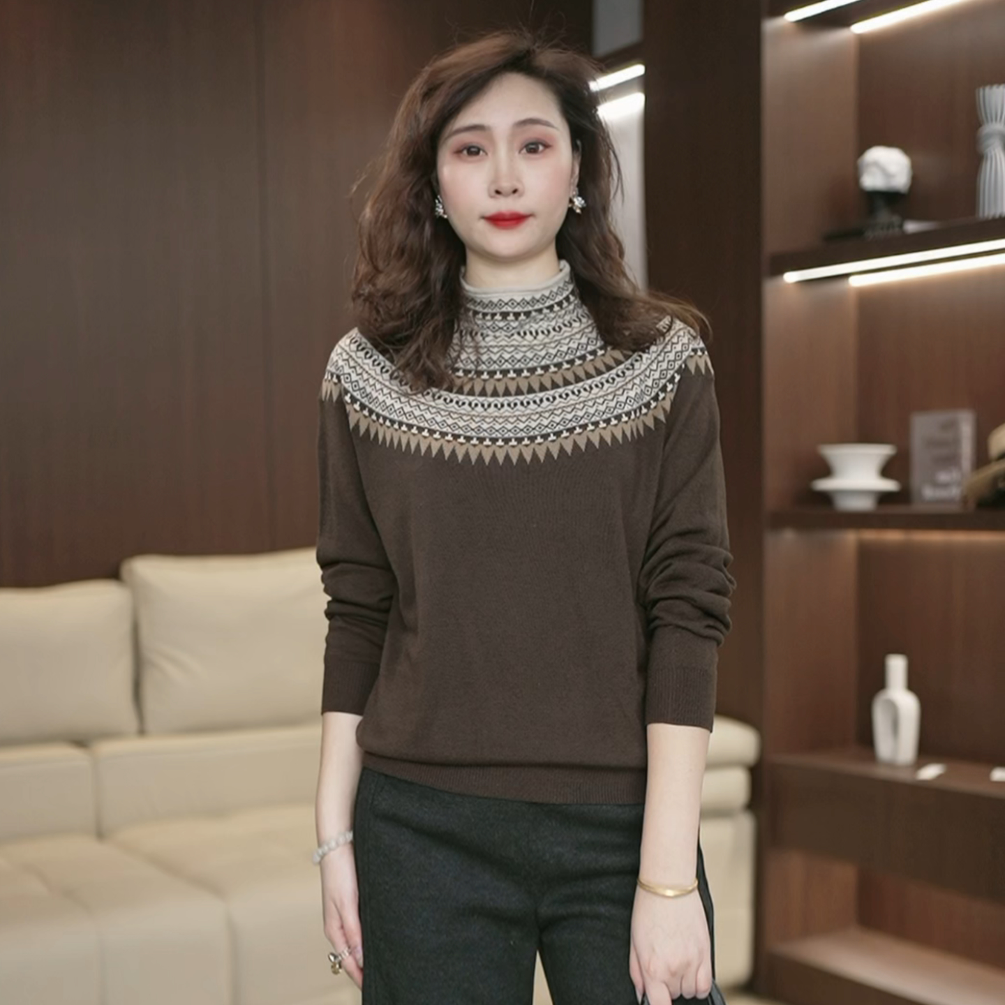 复古半高领提花针织衫秋冬费尔岛软糯羊毛衫女宽松慵懒风上衣3780