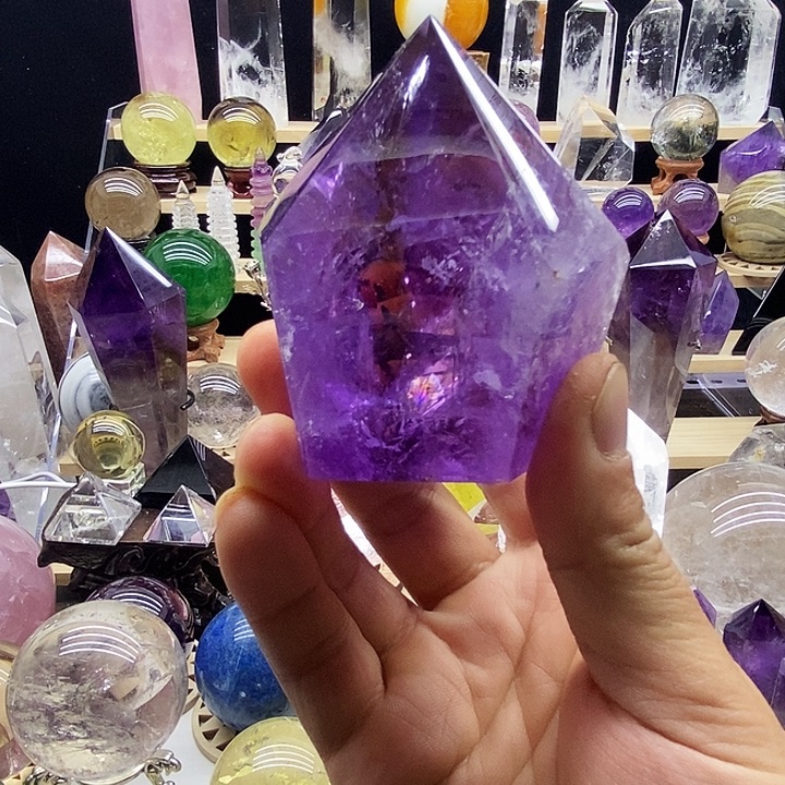 石材天然巴西紫水晶柱摆件