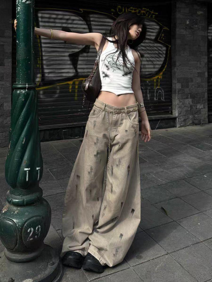 包装货 默认瑕疵【品退拉黑】秋冬潮流美式中腰复古弯刀宽松牛仔裤