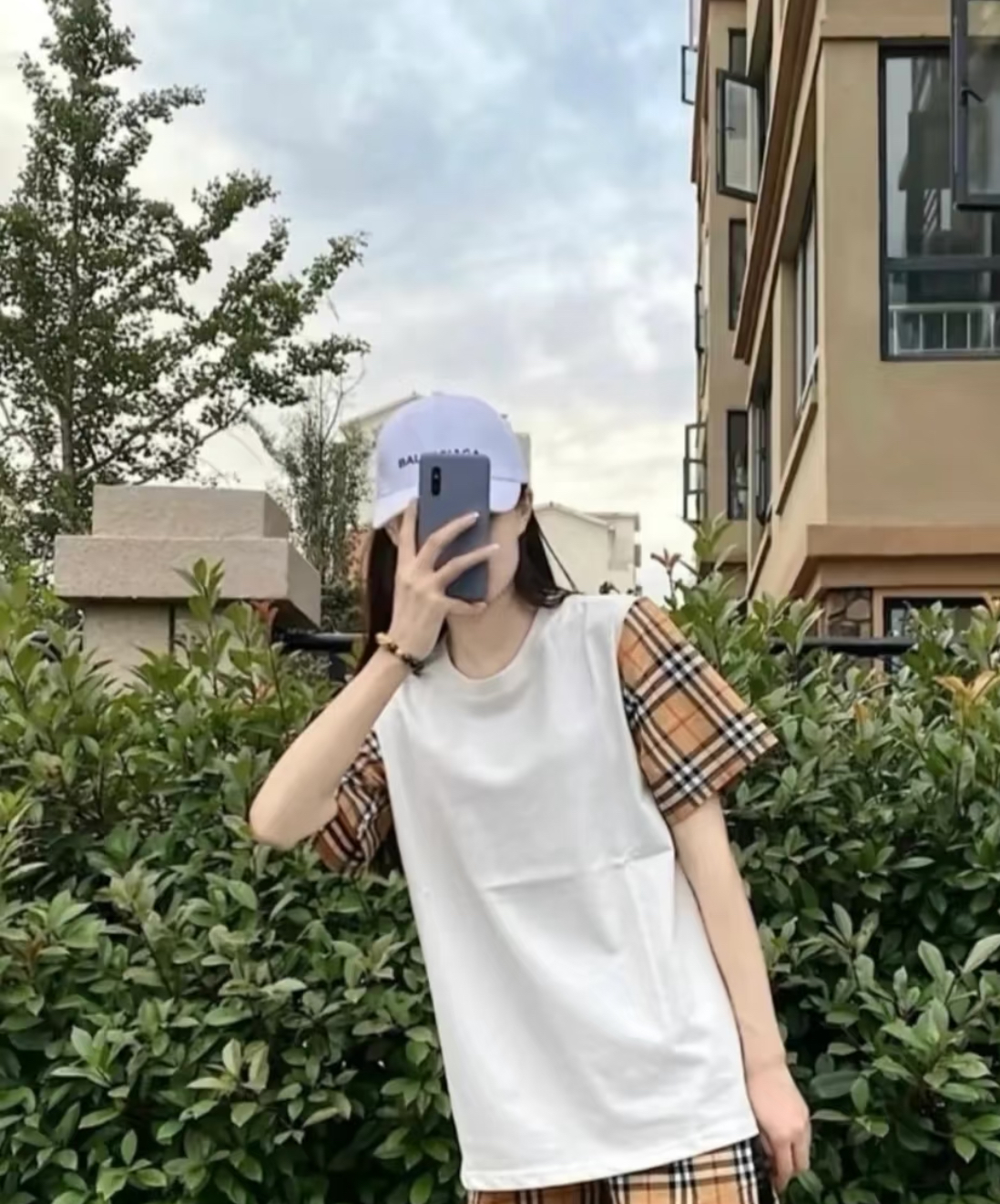 2025春夏袖拼格子短袖 T007