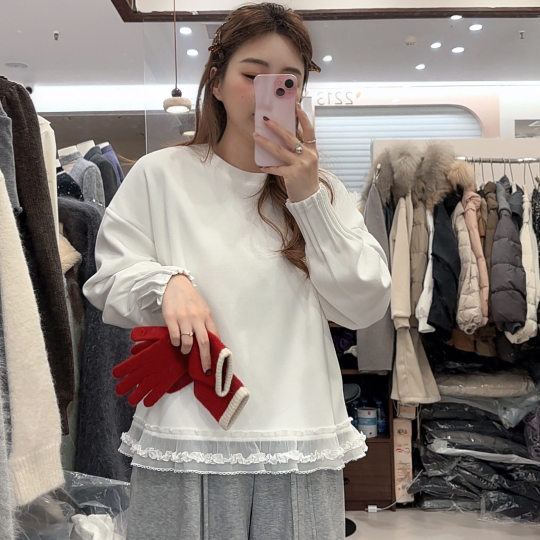 月月【加厚宝宝绒】蕾丝花边百搭气质打底衫女冬季时尚褶皱设计感