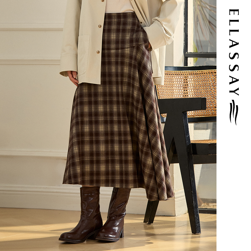 ELLASSAY歌力思2025秋季新款经典格纹A字半身裙女EWB363Q01000