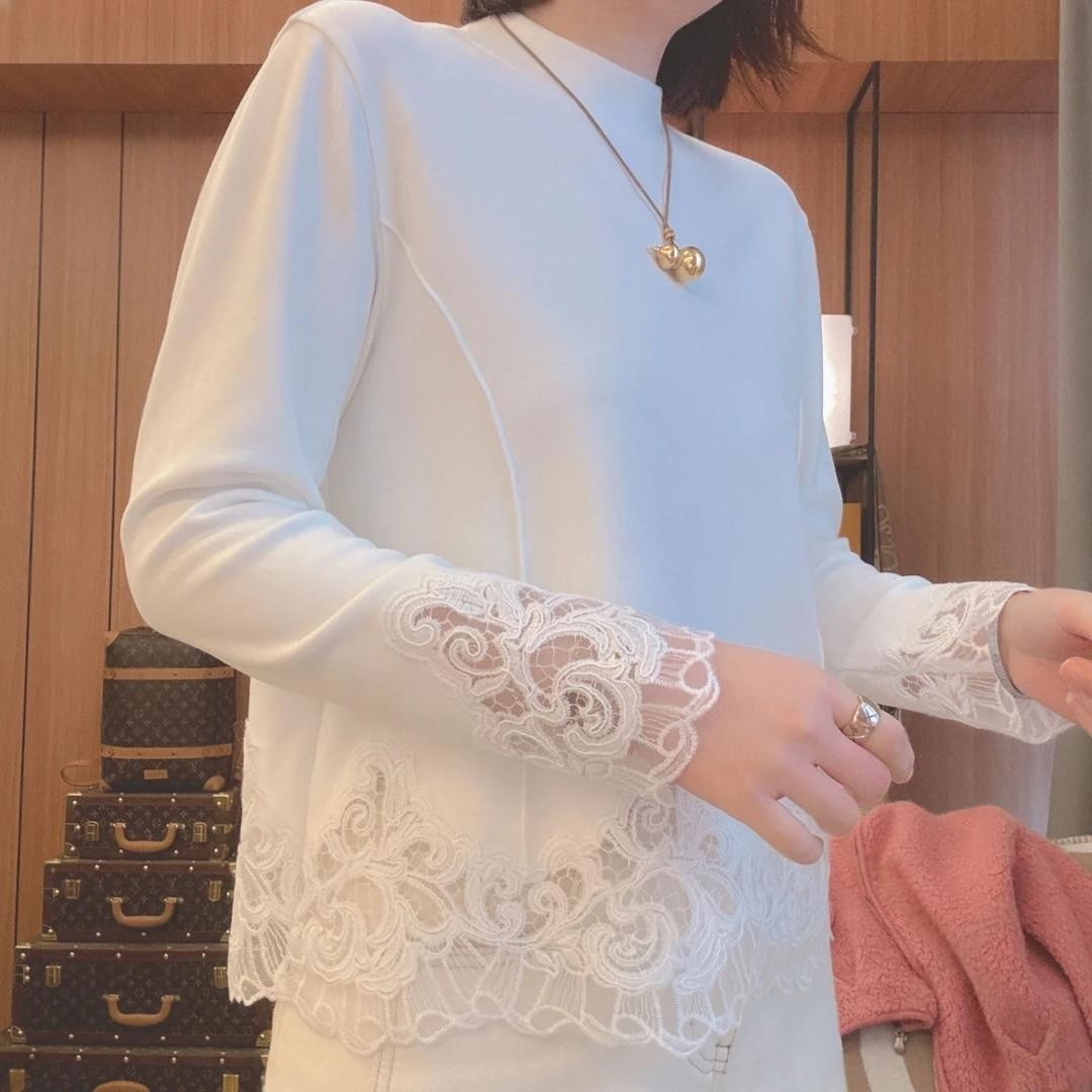 蕾丝拼接t恤双面德绒打底衫女长袖秋冬新款修身显瘦洋气内搭上衣