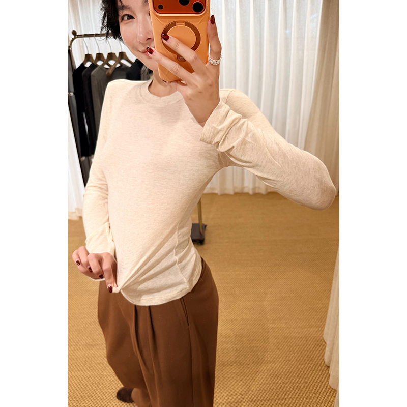 HERLAND她地 透气极简休闲风长袖常规款T恤修身时尚女士打底衫