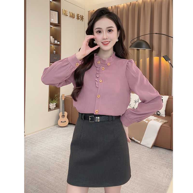 （小铃铛）TU23102法式小清新花边圆领衬衫女小个子设计感长袖上衣