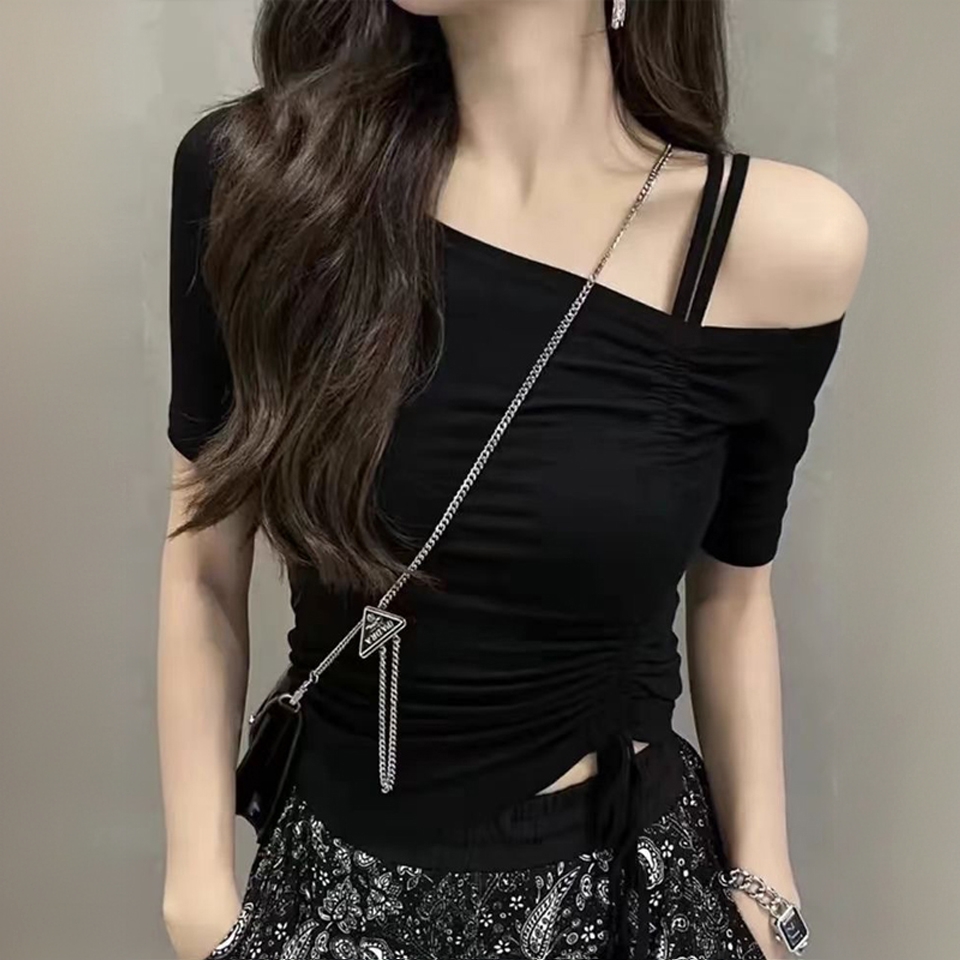 黑色露肩抽绳短袖T恤女夏季新款时尚辣妹一字肩上衣纯欲短款显瘦