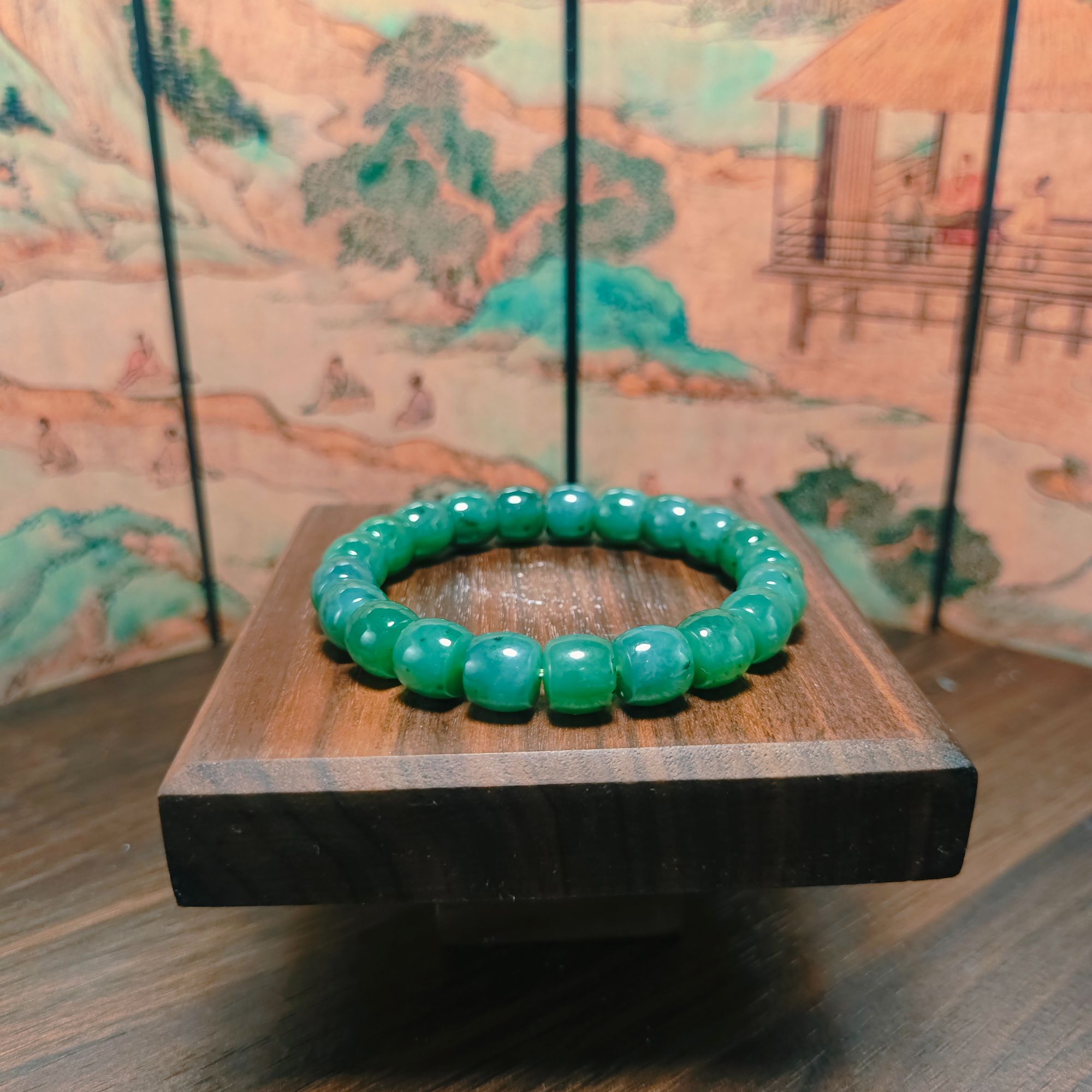 R和田玉碧玉桶珠手串（卡10）0272