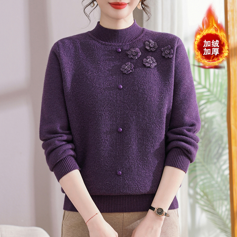 半高领中老年女装妈妈加厚打底衫秋冬加绒保暖衫针织洋气百搭上衣