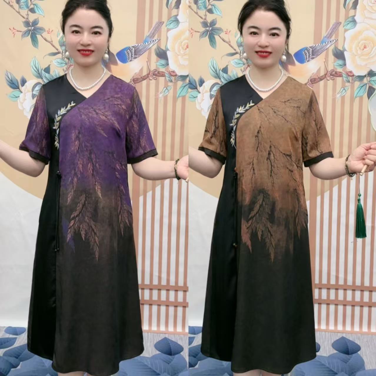 2503 新中式撞色提花中重工手绣老年改良旗袍裙