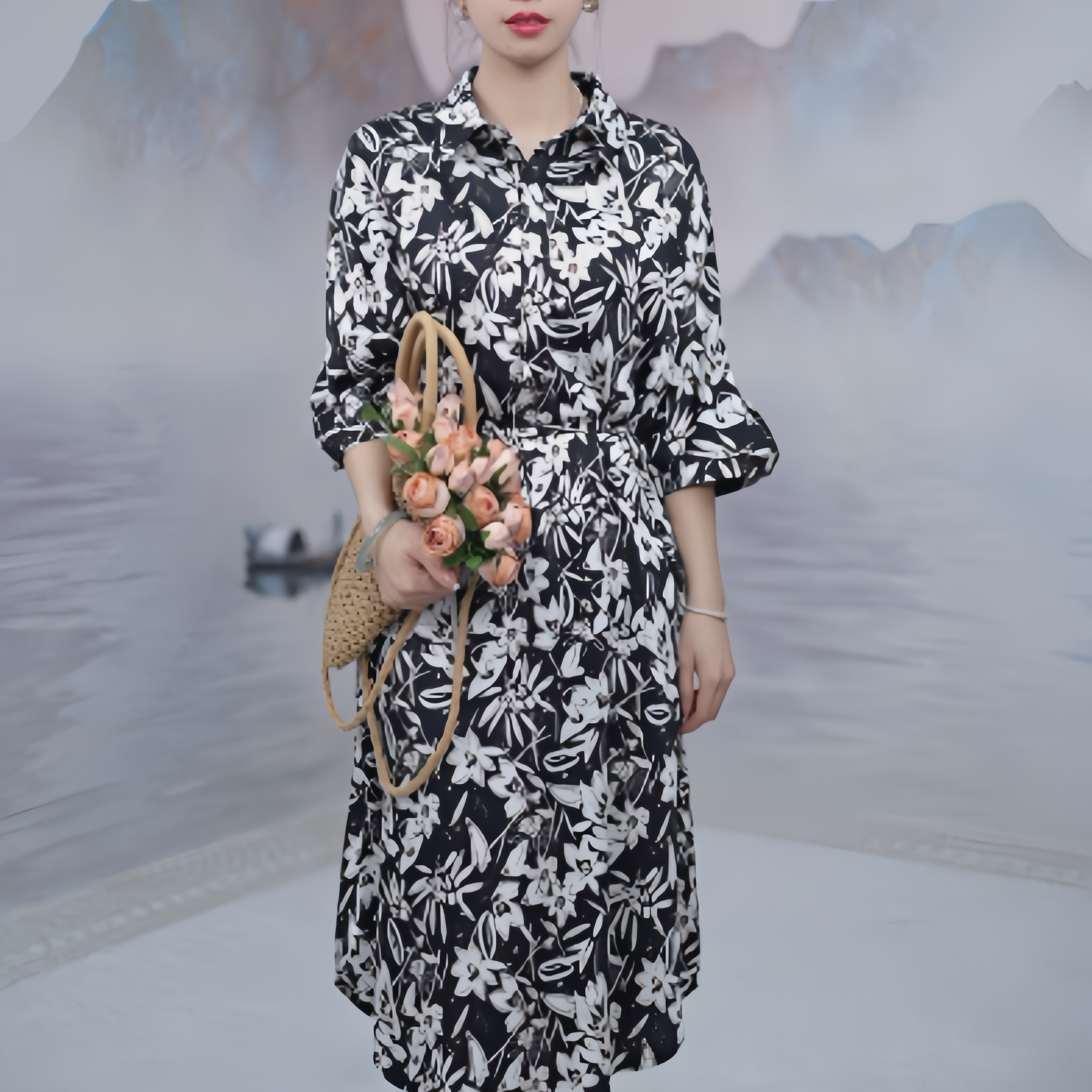 2585  法式清冷感碎花小众Polo领七分袖国风女装连衣裙