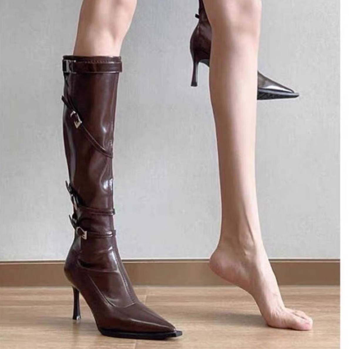 棕色皮带扣长筒靴细跟高跟靴高筒瘦瘦靴秋冬2025年新款高跟长靴女