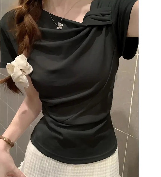 2025新款韩系棉夏季设计T恤锁骨短袖扭结褶皱修身显瘦短款上衣