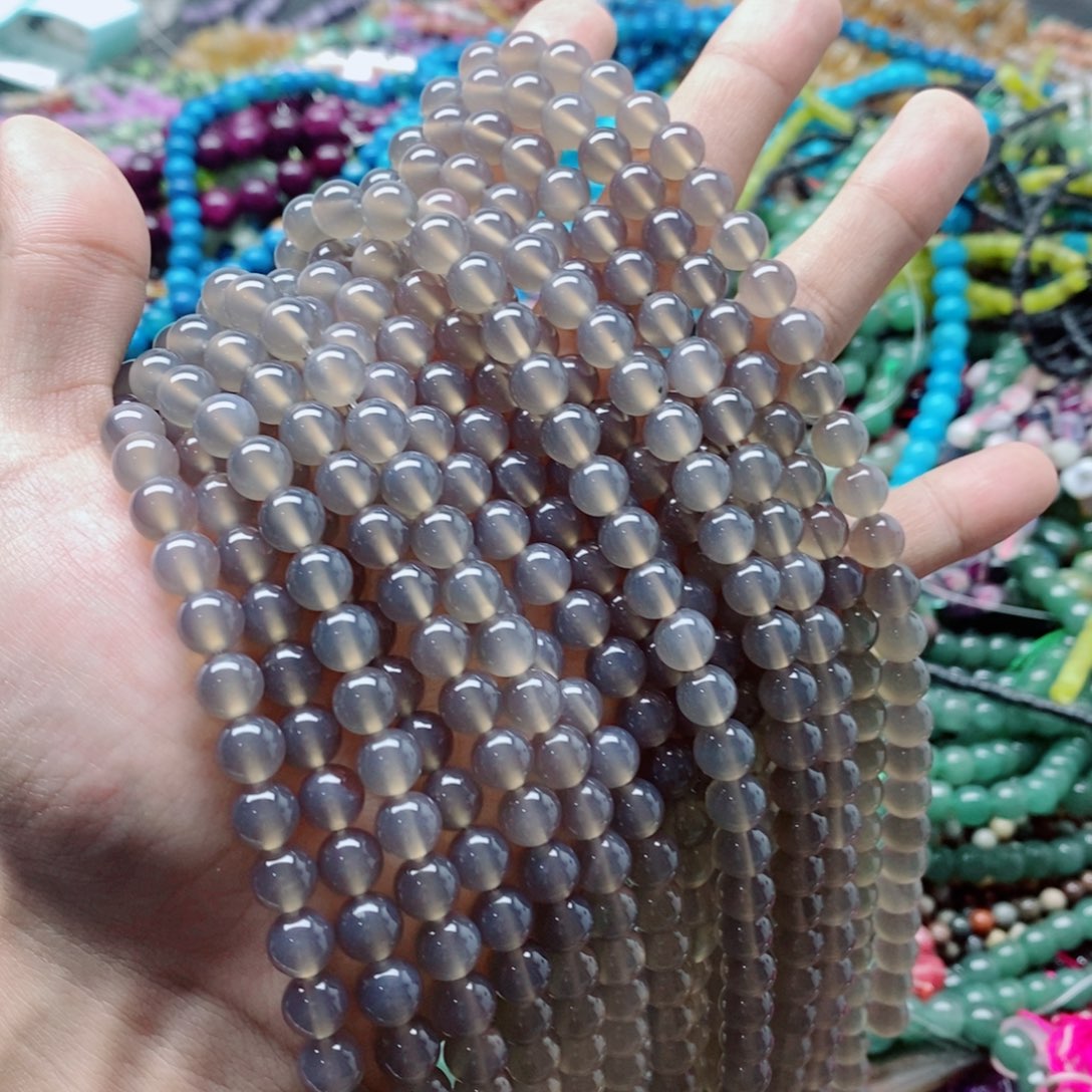 玛瑙/玉髓未镶嵌珠宝半成品一条天然8mm灰玛瑙圆珠