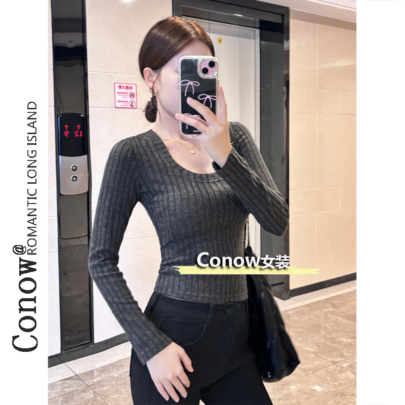 磨毛t恤女秋冬季纯欲U领抓绒上衣美拉德风保暖修身内搭打底衫