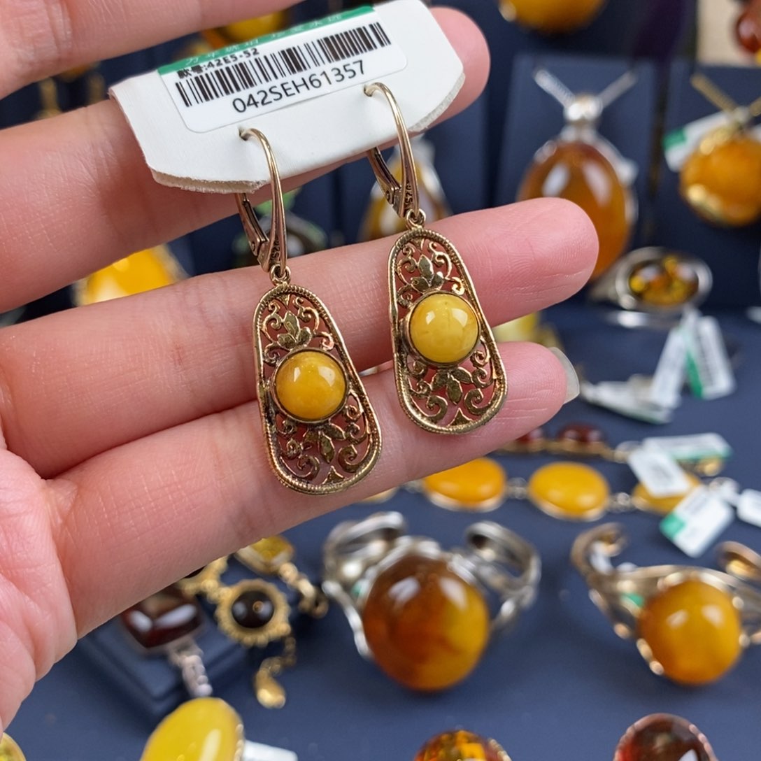 琥珀耳饰银S925镀金镶嵌
