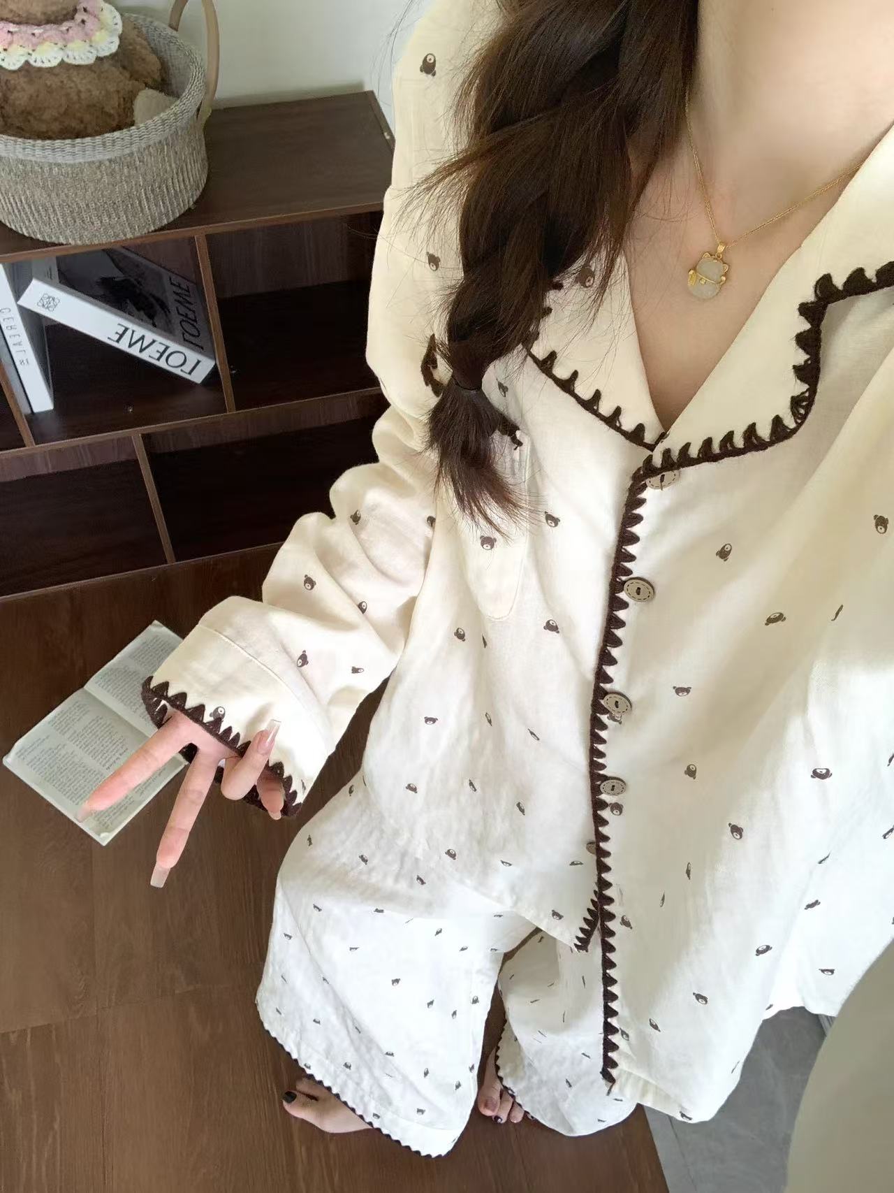 花边小熊睡衣套装甜美可爱睡衣女春秋云朵棉长袖长裤外出家居服