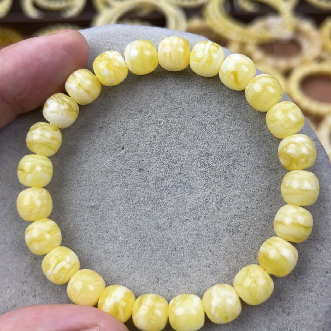 蜜蜡未镶嵌手串纯天然俄料瓷白花虎皮极限弧高桩9*8.5腕口18+