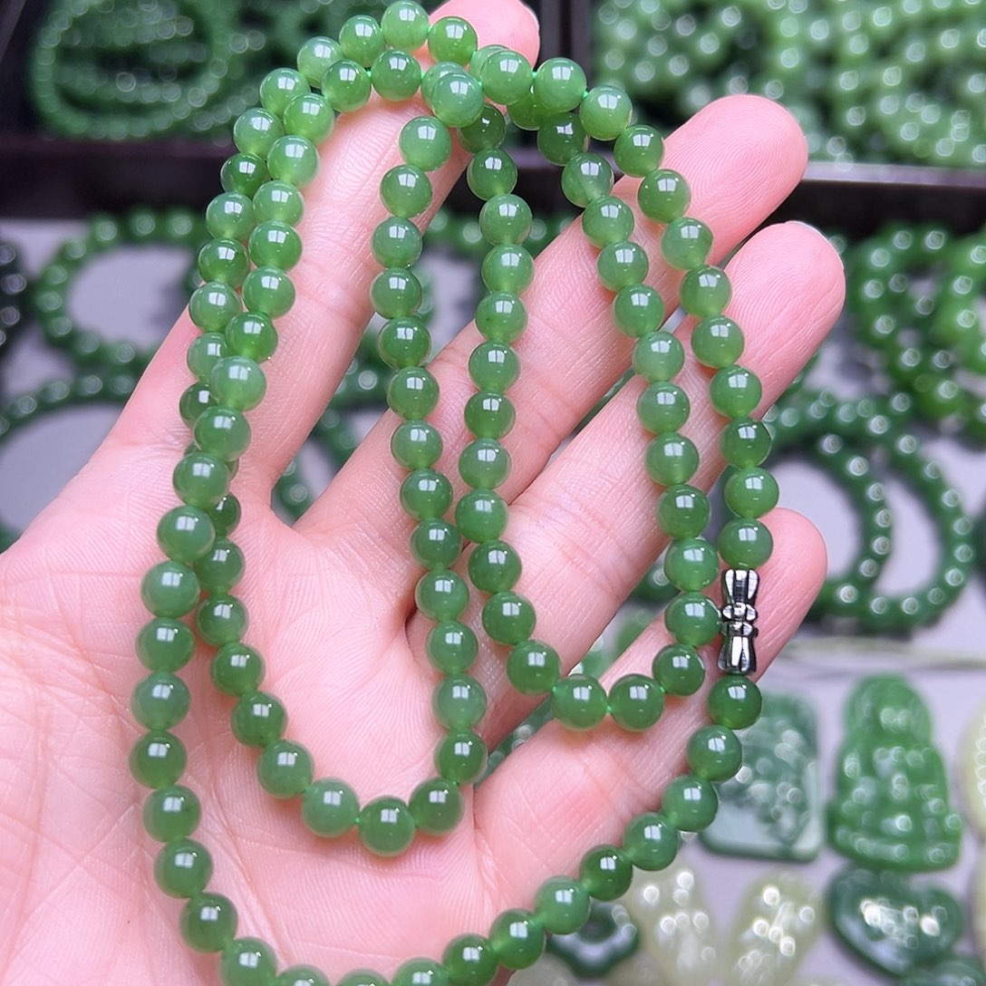 和田玉（碧玉）颈饰未镶嵌天然碧玉108颗佛珠项链