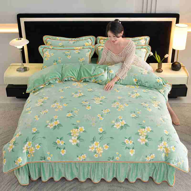 秋冬款防寒印花加厚牛奶绒双面绒床裙四件套