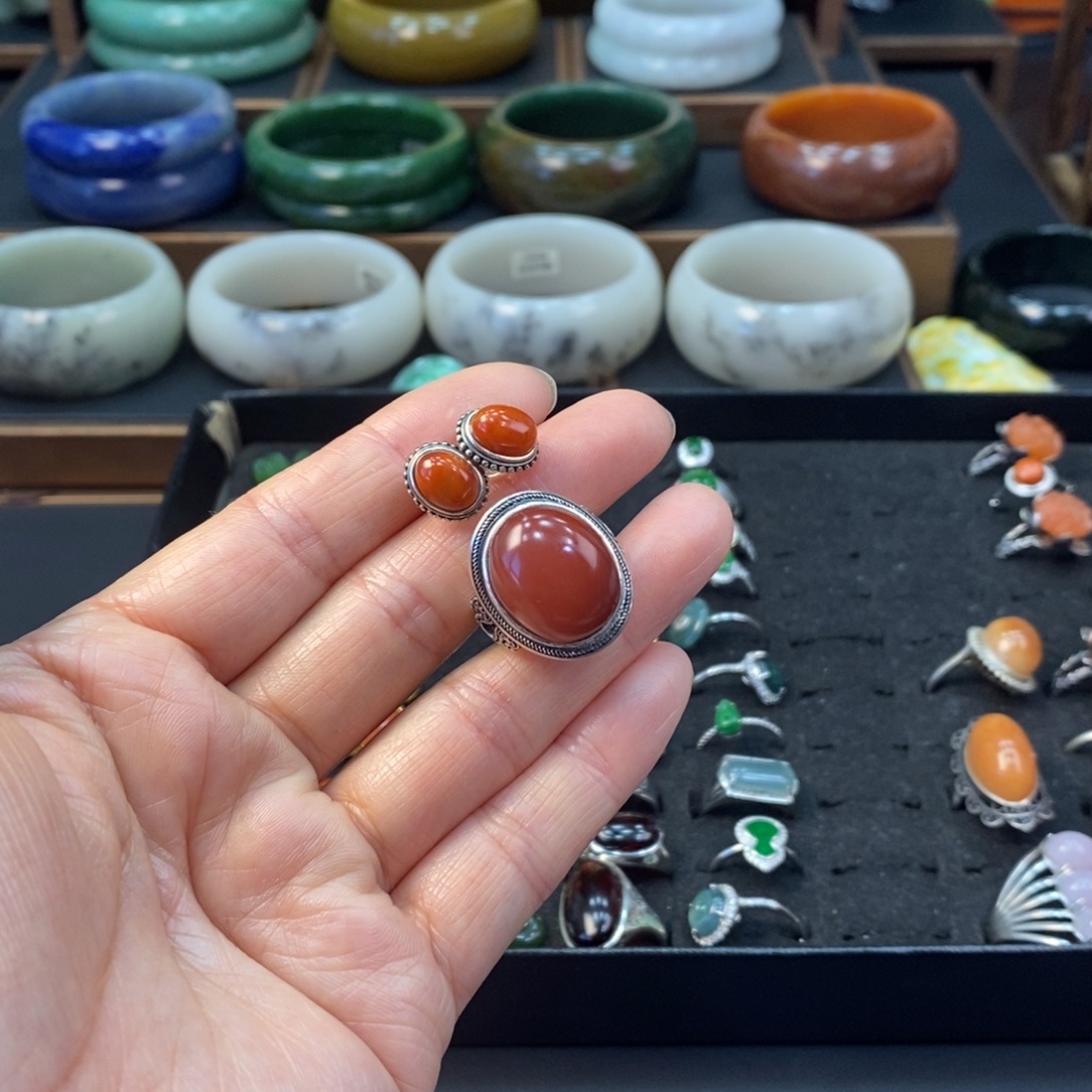 开***乐玛瑙/玉髓银S925镶嵌戒指加耳钉