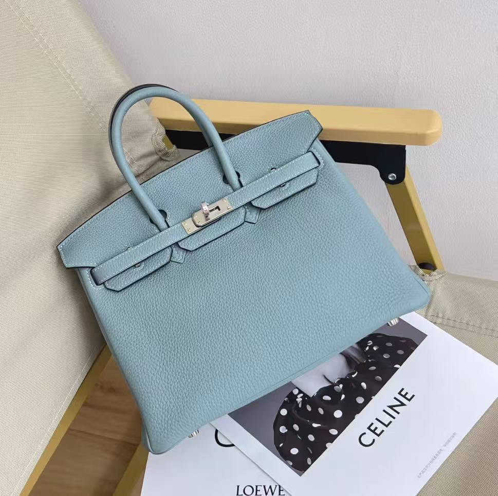 99新 Hermes/爱马仕 birkin25天青色银扣togo皮 框M刻 手提包
