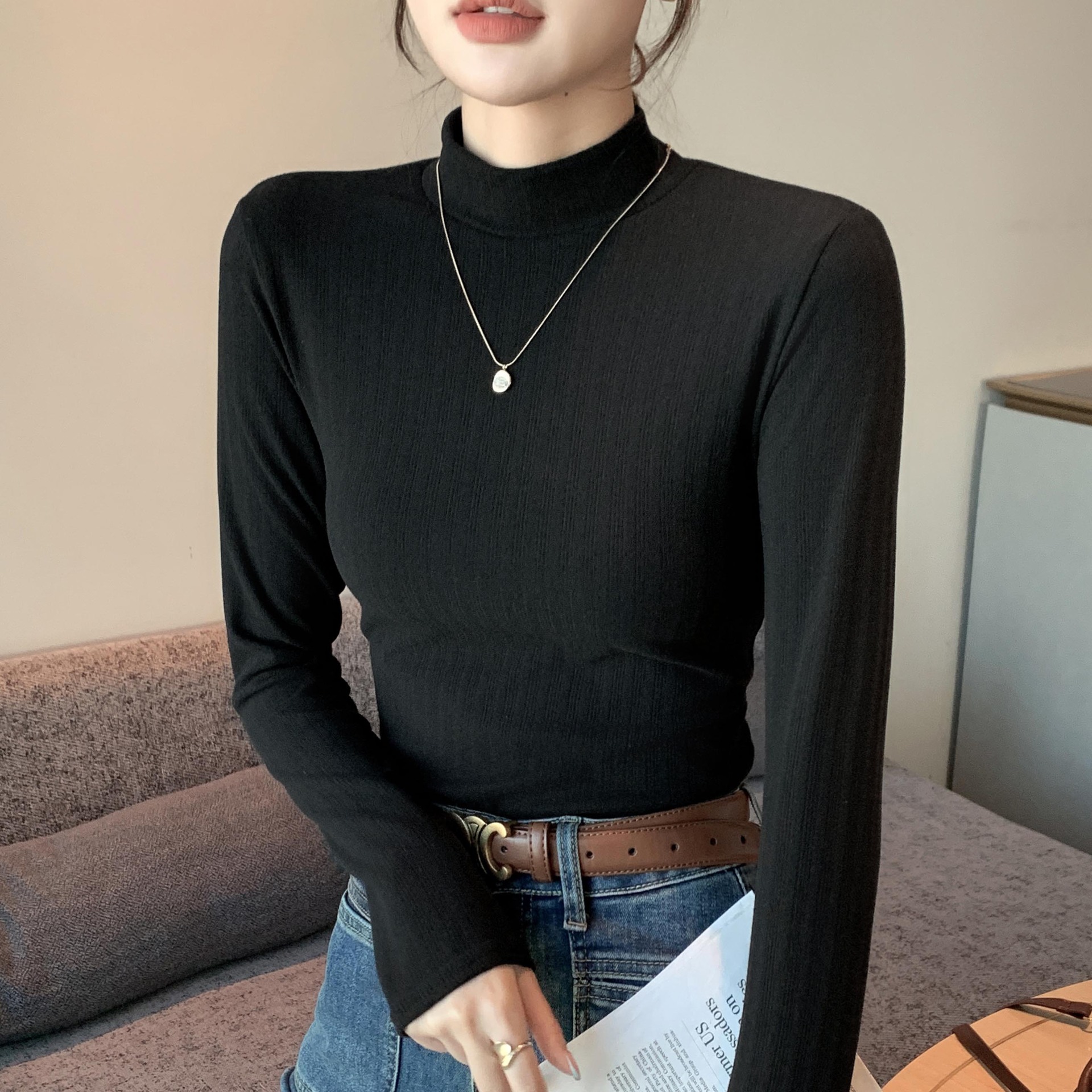 H337半高领打底衫女螺纹针织衫秋冬洋气双面德绒内搭长袖保暖上衣