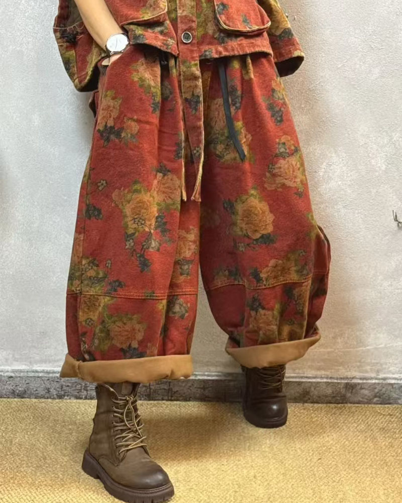时尚新款复古印花宽松休闲阔腿牛仔裤女百搭显瘦直筒裤