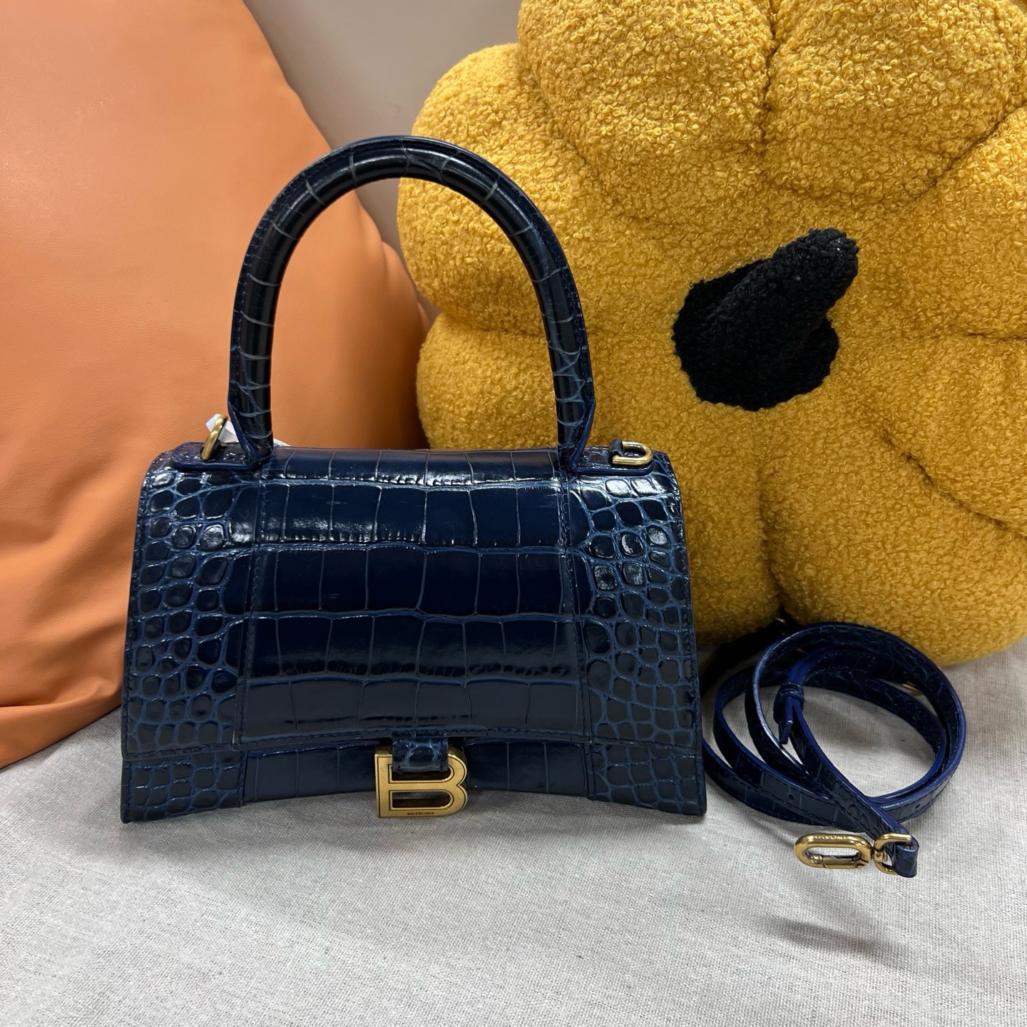 95新 Balenciaga/巴黎世家 S号 鳄鱼纹 深蓝色 鳄鱼压纹牛皮 斜挎